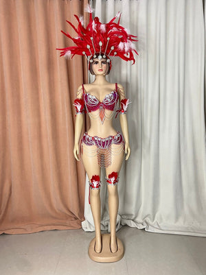 Carnival Samba Dance Costume, Women's Blue & White Sequin Feathered Headdress Bra Skirt Set, Latin Dancewear