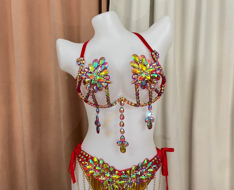 Women's Gold & Red Rhinestone Embellished Halter Bikini Set with Dangles, Belly Dance/Carnival Costume