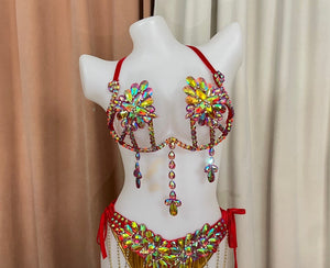 Women's Gold & Red Rhinestone Embellished Halter Bikini Set with Dangles, Belly Dance/Carnival Costume