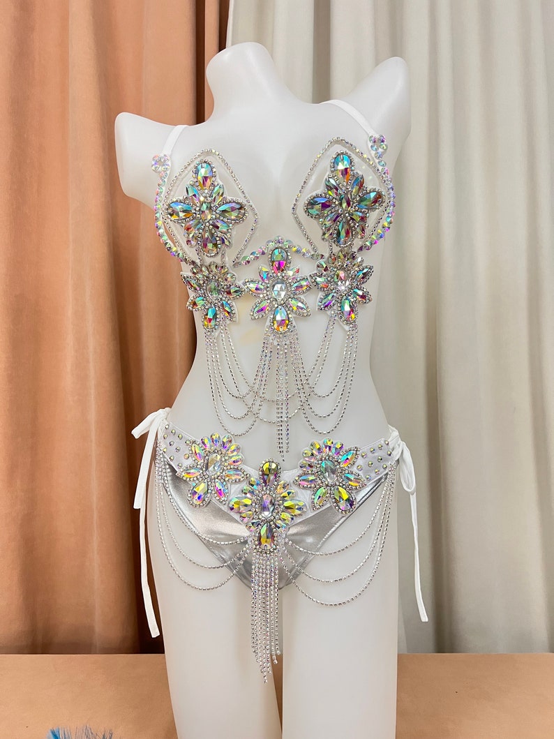 Women's White Iridescent Rhinestone Crystal Chain Fringe Belly Dance Bra and Skirt Set