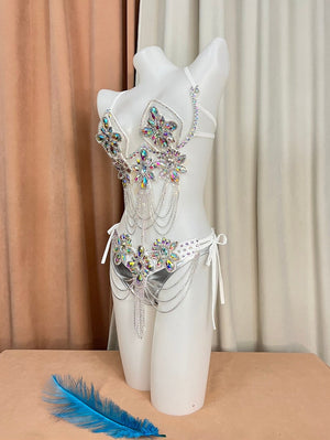 Women's White Iridescent Rhinestone Crystal Chain Fringe Belly Dance Bra and Skirt Set