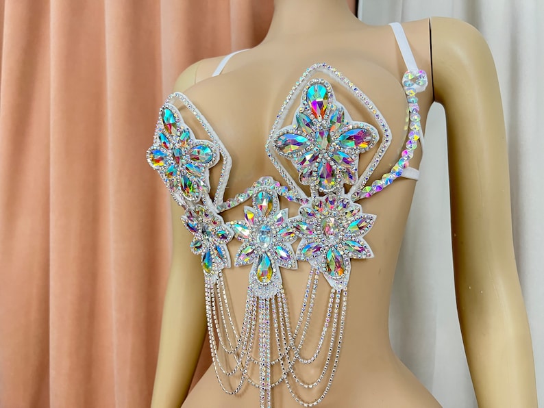 Dance Bra Top, Women's, White, Iridescent Rhinestone Beaded Sequin Chain Fringe, Latin Dance