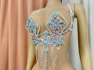 Dance Bra Top, Women's, White, Iridescent Rhinestone Beaded Sequin Chain Fringe, Latin Dance