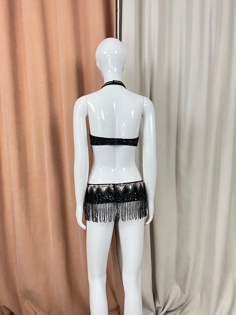 Belly Dance Costume Women's Black & Gold Beaded Sequin Halter Bra & Hip Scarf Set