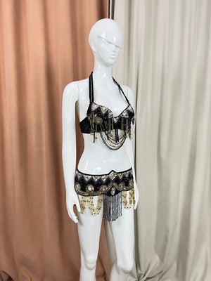 Belly Dance Costume Women's Black & Gold Beaded Sequin Halter Bra & Hip Scarf Set