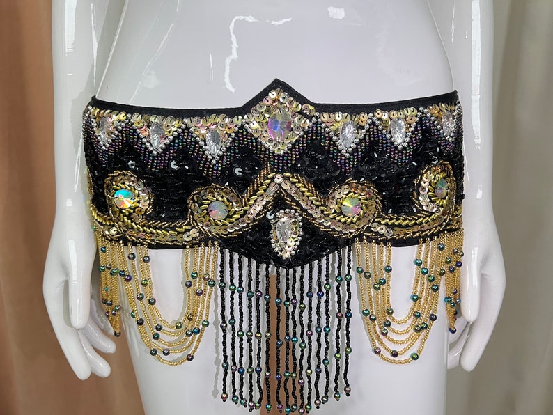 Belly Dance Costume Women's Black & Gold Beaded Sequin Halter Bra & Hip Scarf Set