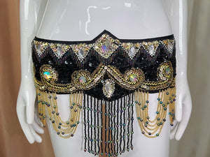 Belly Dance Costume Women's Black & Gold Beaded Sequin Halter Bra & Hip Scarf Set