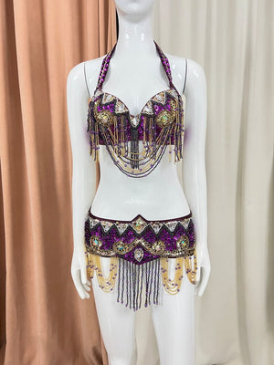 Belly Dance Costume Women's Black & Gold Beaded Sequin Halter Bra & Hip Scarf Set