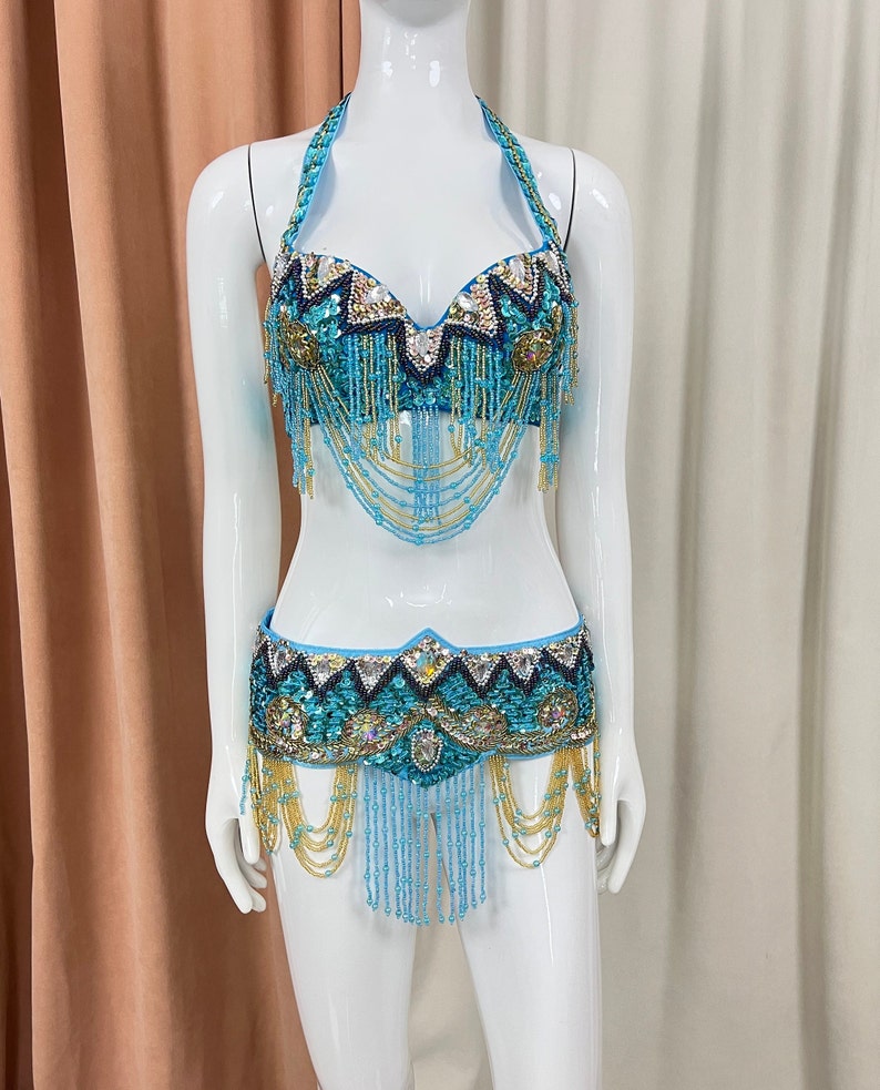 Belly Dance Costume Set, Women's Black & Gold Sequin Beaded Fringe Halter Bra & Hip Scarf, Belly Dance