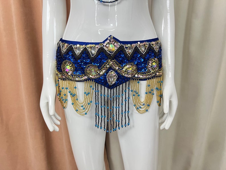 Belly Dance Costume, Women's Royal Blue & Gold Sequin Beaded Fringe Halter Bra & Hip Scarf Set, Belly Dance