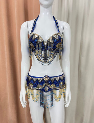 Belly Dance Costume, Women's Royal Blue & Gold Sequin Beaded Fringe Halter Bra & Hip Scarf Set, Belly Dance