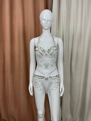 Belly Dance Costume Womens Blue Pink Beaded Halter Top and Hip Scarf Set with Fringe and Sequins