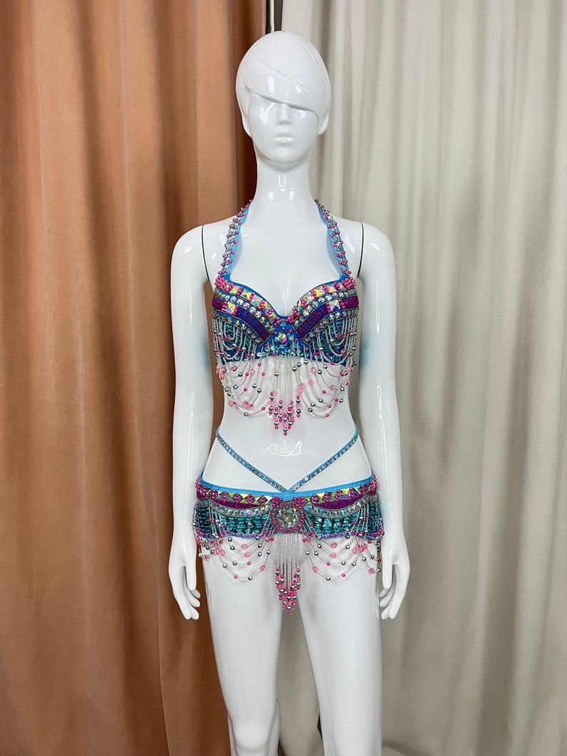Belly Dance Costume Womens Blue Pink Beaded Halter Top and Hip Scarf Set with Fringe and Sequins