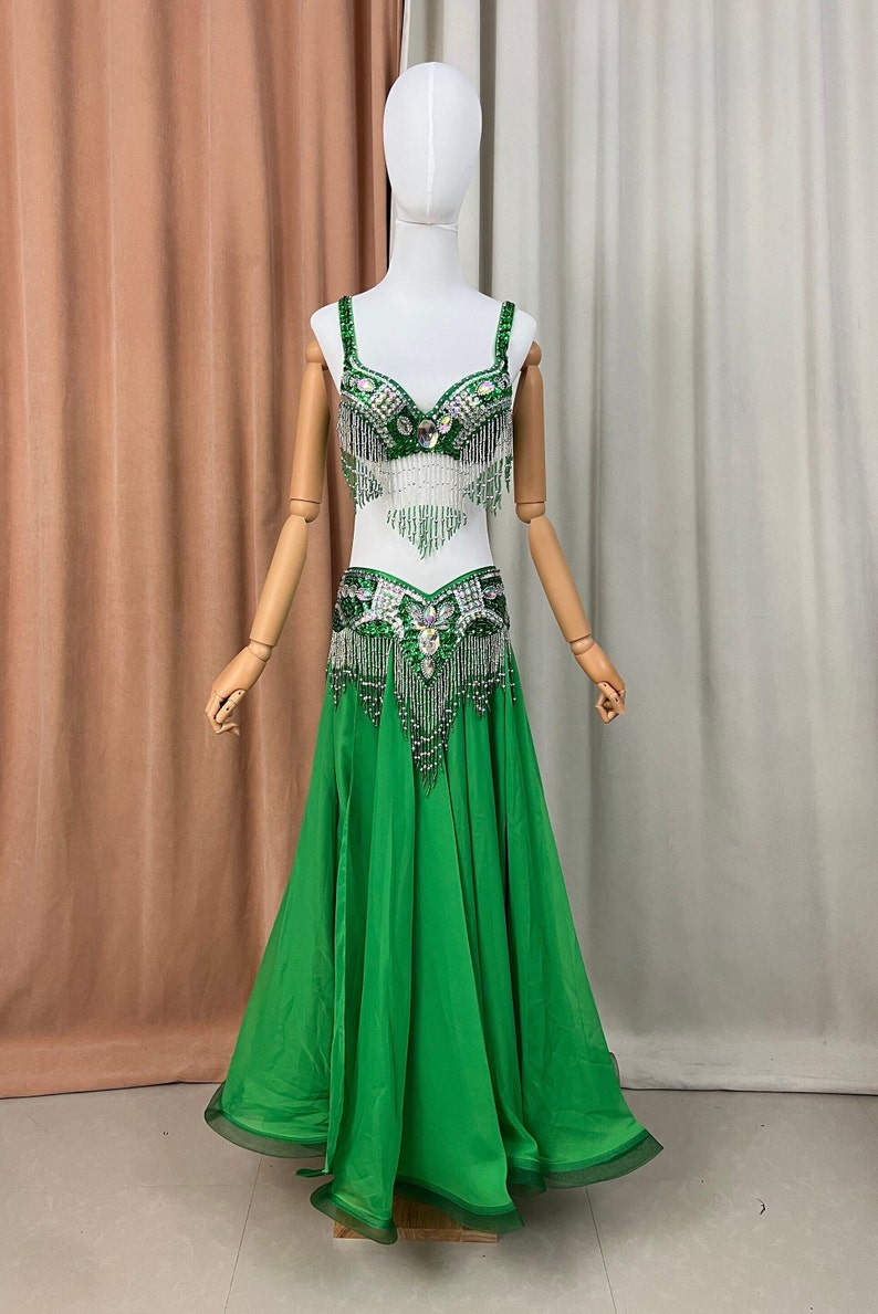 Belly Dance Costume Women Black Sequin Beaded Fringe Bra & Skirt Set Chiffon Performance Wear