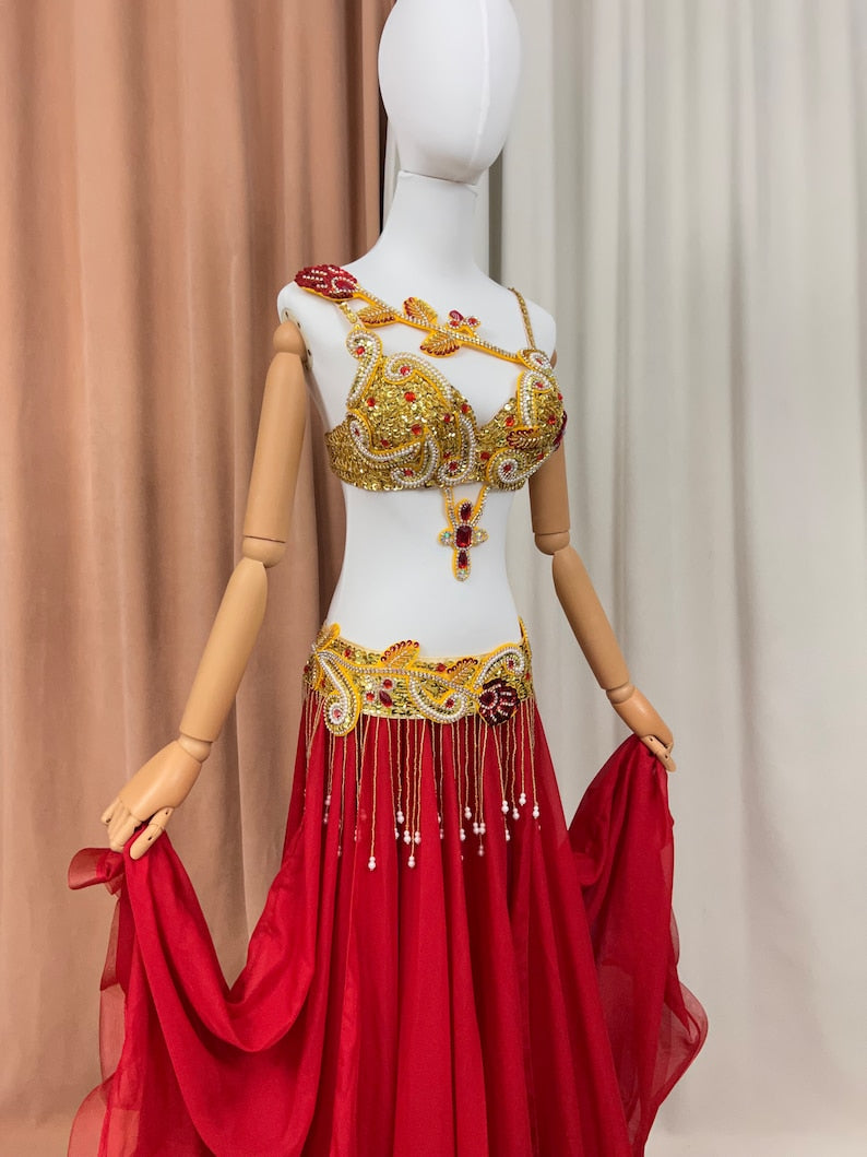 Belly Dance Costume Women Red Gold Sequin Beaded Bra Belt Skirt Set Chiffon Performance Outfit