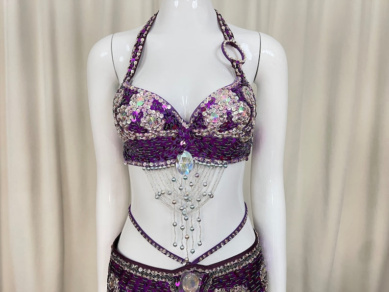 Women's Gold Sequin Halter Top & Hip Scarf with Beaded Fringe, Belly Dance Costume