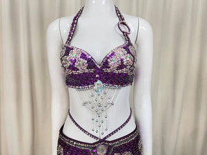 Women's Gold Sequin Halter Top & Hip Scarf with Beaded Fringe, Belly Dance Costume