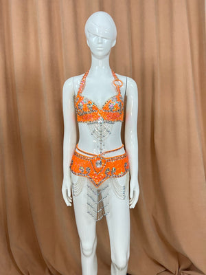 Women's Gold Sequin Halter Top & Hip Scarf with Beaded Fringe, Belly Dance Costume