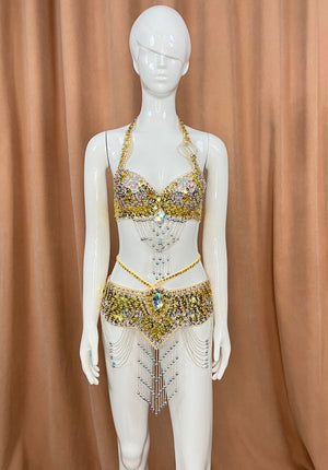 Women's Gold Sequin Halter Top & Hip Scarf with Beaded Fringe, Belly Dance Costume
