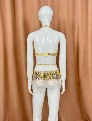 Women's Gold Sequin Halter Top & Hip Scarf with Beaded Fringe, Belly Dance Costume
