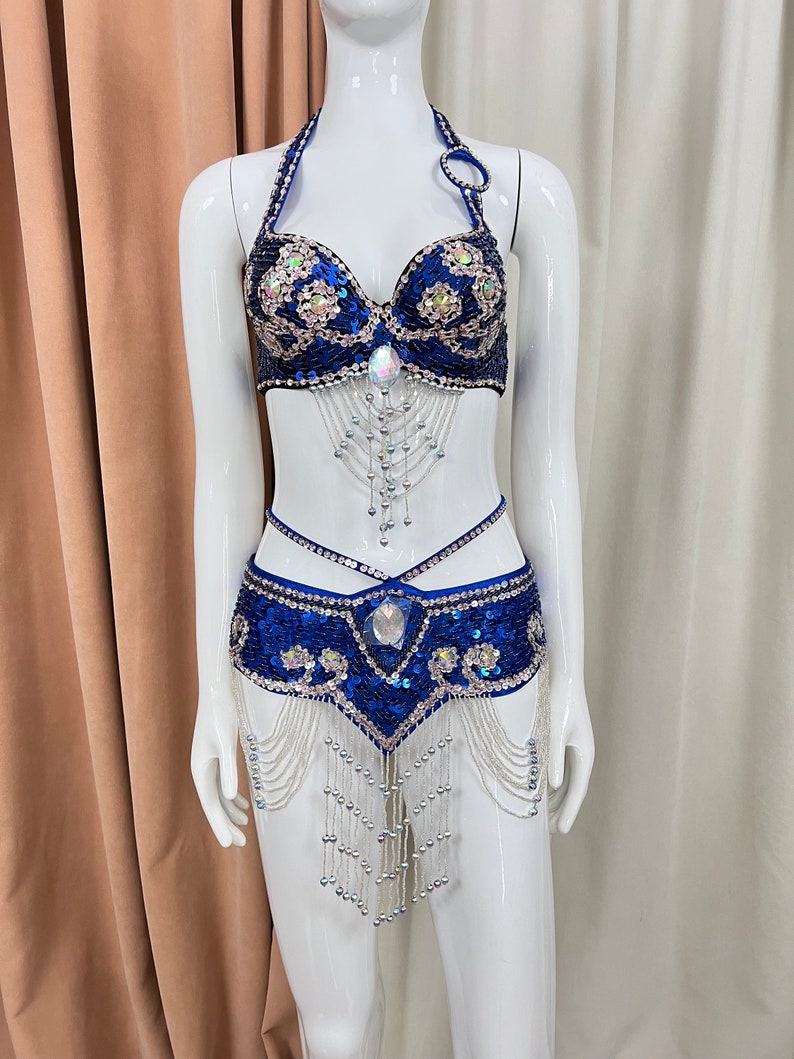 Belly Dance Costume Womens Black Sequin Beaded Halter Bra & Skirt Set with Rhinestones & Chains - Belly Dance