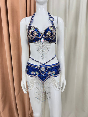 Belly Dance Costume Womens Black Sequin Beaded Halter Bra & Skirt Set with Rhinestones & Chains - Belly Dance