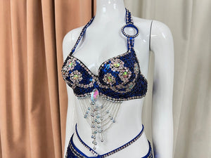 Belly Dance Costume Womens Black Sequin Beaded Halter Bra & Skirt Set with Rhinestones & Chains - Belly Dance