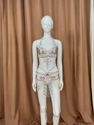 Belly Dance Costume Womens Black Sequin Beaded Halter Bra & Skirt Set with Rhinestones & Chains - Belly Dance