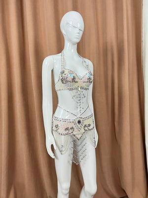 Belly Dance Costume Womens Black Sequin Beaded Halter Bra & Skirt Set with Rhinestones & Chains - Belly Dance