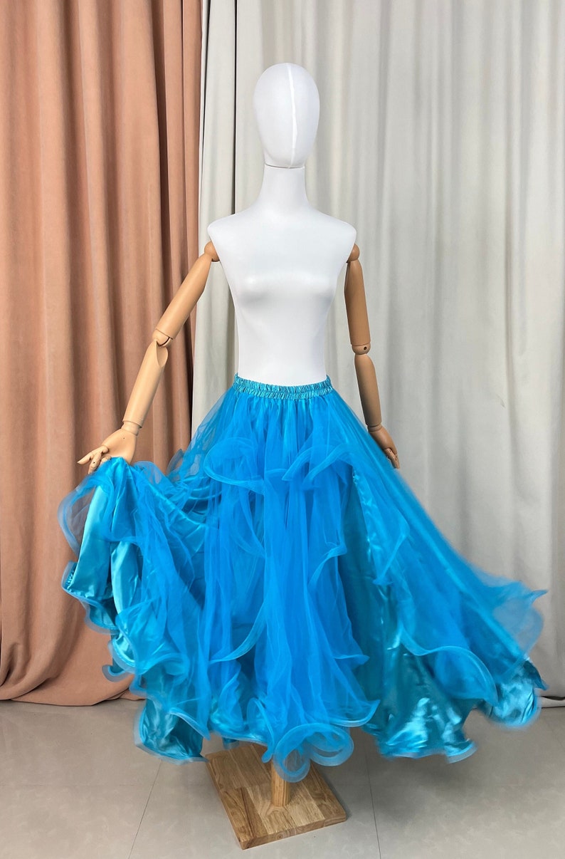 Ballroom Dance Skirt, Women's Blue Tulle Ruffled Full Length Skirt, Standard Ballroom Dancewear