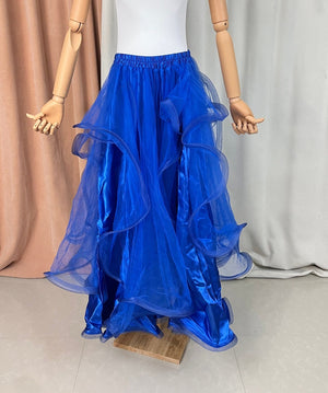 Ballroom Dance Skirt, Women's Blue Tulle Ruffled Full Length Skirt, Standard Ballroom Dancewear