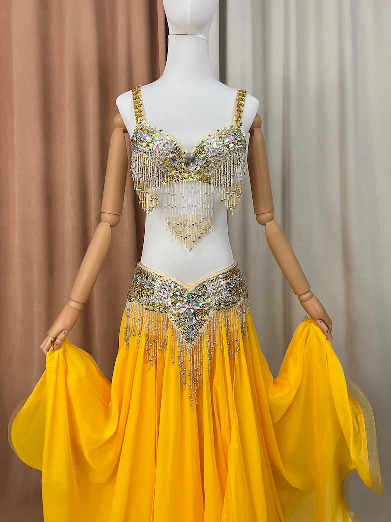 Belly Dance Costume Women Yellow Sequin Beaded Fringe Bra & Chiffon Skirt Set