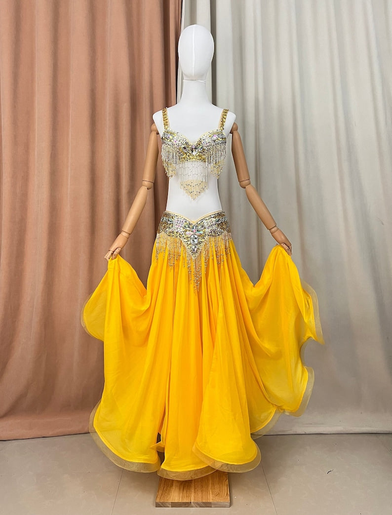 Belly Dance Costume Women Yellow Sequin Beaded Fringe Bra & Chiffon Skirt Set