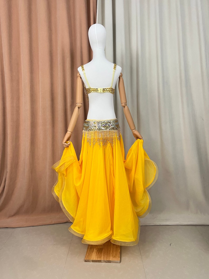 Belly Dance Costume Women Yellow Sequin Beaded Fringe Bra & Chiffon Skirt Set