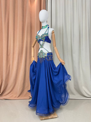 Women's Royal Blue Sequin & Bead Embellished Halter Neck Belly Dance Costume with Chiffon Skirt