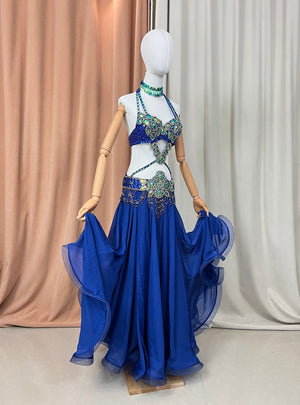 Women's Royal Blue Sequin & Bead Embellished Halter Neck Belly Dance Costume with Chiffon Skirt