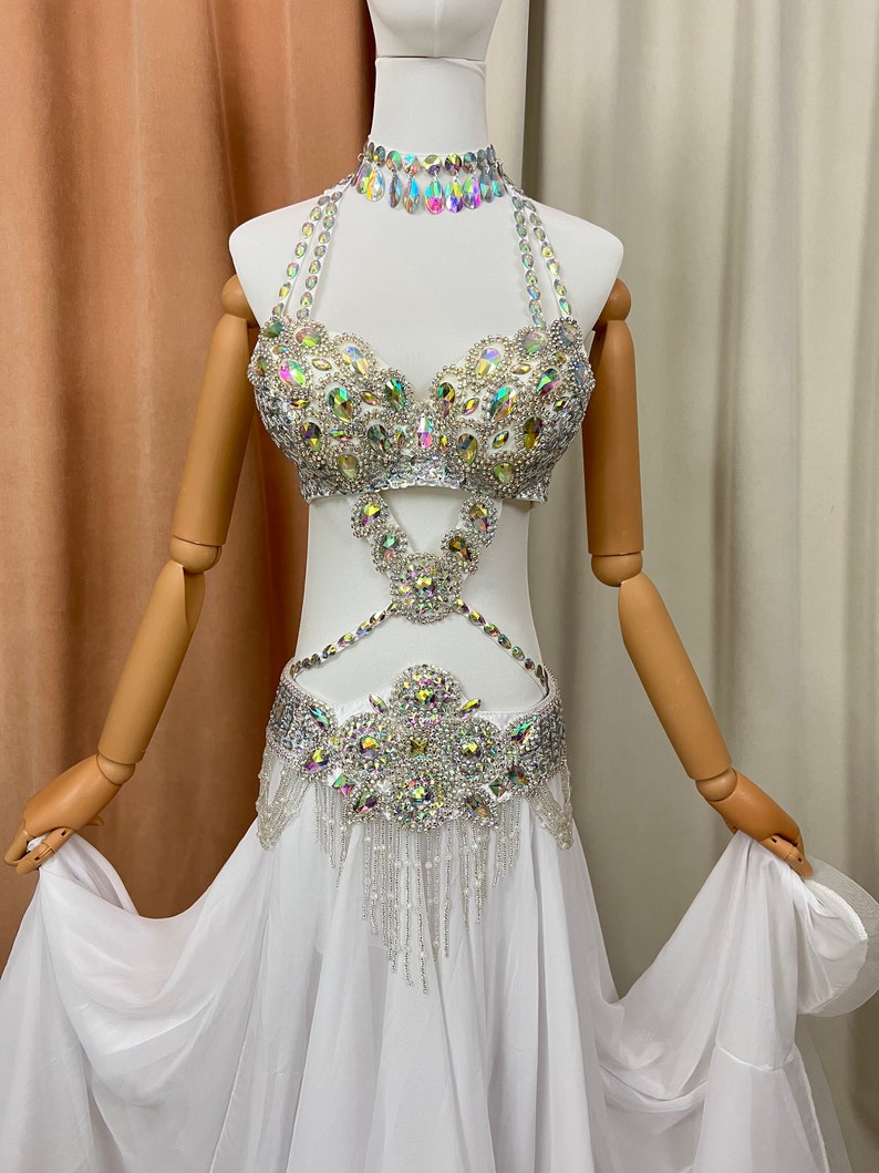 Women's White Sequin & Rhinestone Halter Neck Belly Dance Dress with Chiffon Skirt