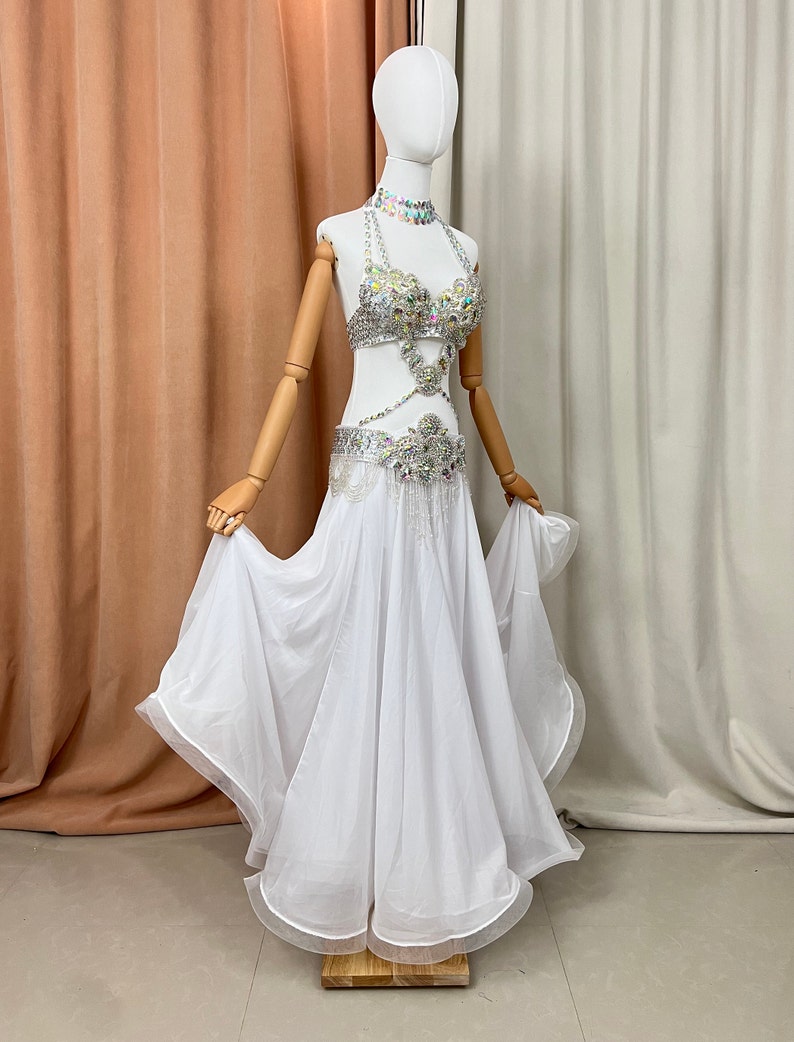 Women's White Sequin & Rhinestone Halter Neck Belly Dance Dress with Chiffon Skirt