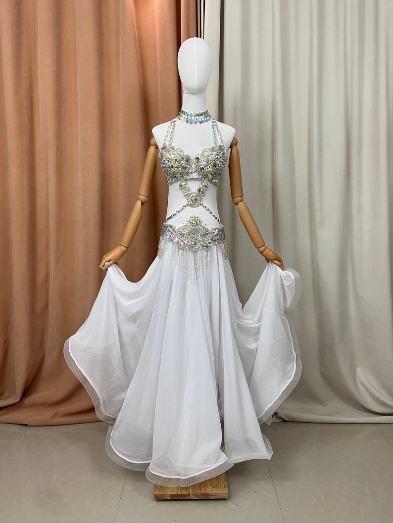 Women's White Sequin & Rhinestone Halter Neck Belly Dance Dress with Chiffon Skirt