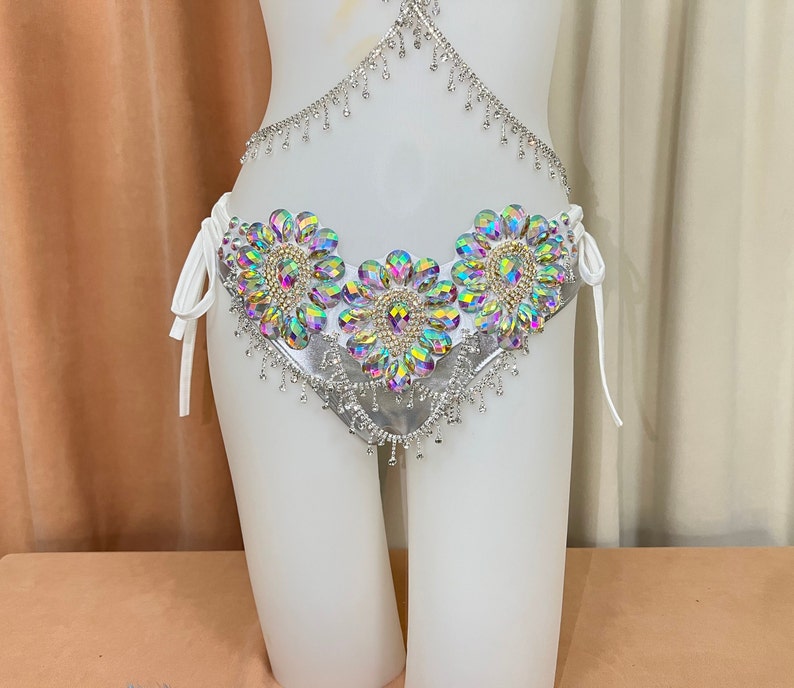 Rhinestone Crystal Embellished Women's White Bikini Top & Bottom Set with Draped Chains, Belly Dance Costume