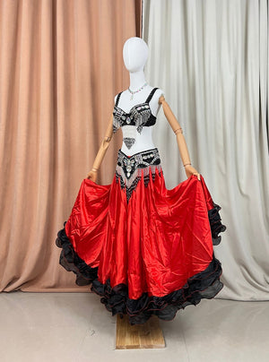 Belly Dance Costume Women's Red and Black Sequin Beaded Fringe Bra and Skirt Set with Ruffled Hem, Tribal Fusion Performance Outfit