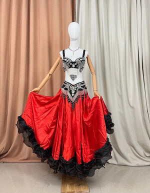 Belly Dance Costume Women's Red and Black Sequin Beaded Fringe Bra and Skirt Set with Ruffled Hem, Tribal Fusion Performance Outfit