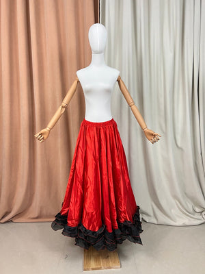 Flamenco Skirt Women's Red and Black Ruffled Satin and Organza Full Circle Dance Skirt