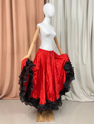 Flamenco Skirt Women's Red and Black Ruffled Satin and Organza Full Circle Dance Skirt