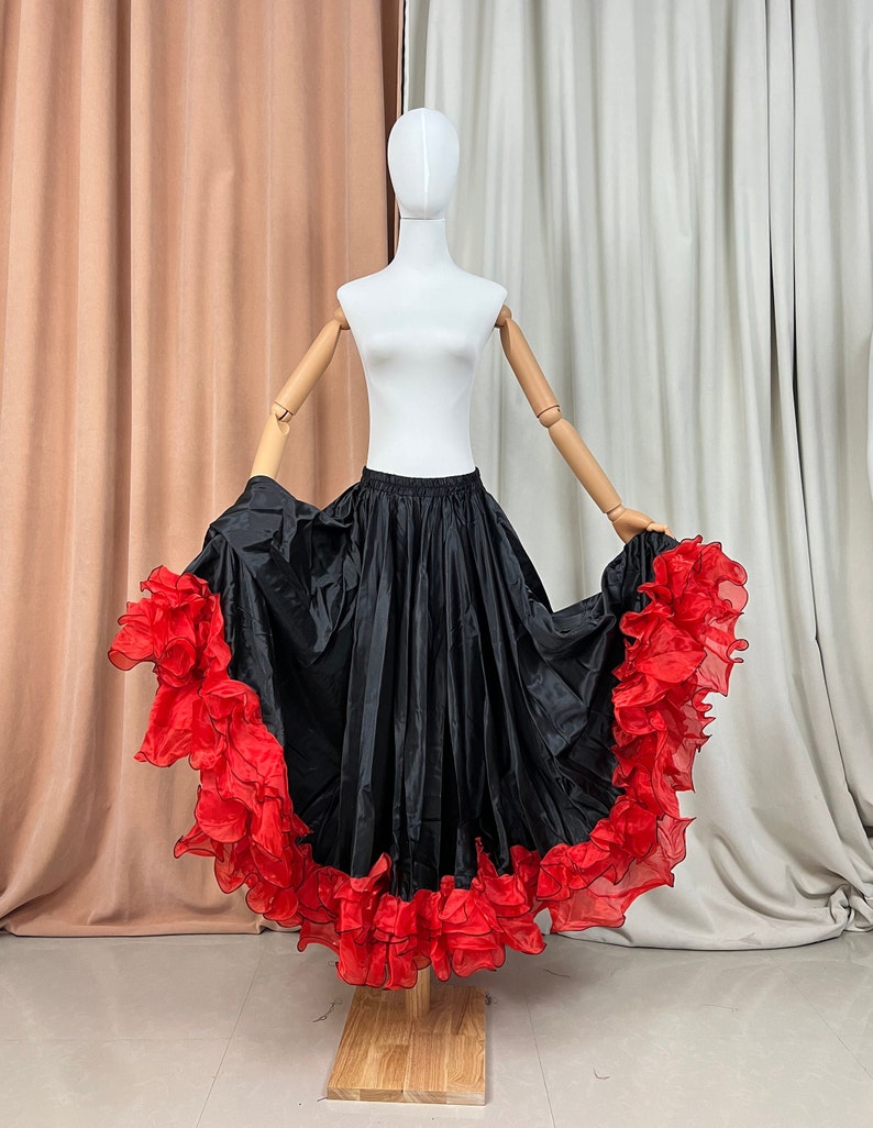 Flamenco Skirt Women's Red and Black Ruffled Satin and Organza Full Circle Dance Skirt