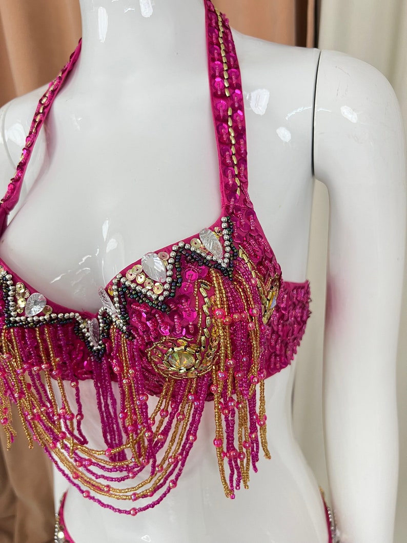 Belly Dance Costume Women's Fuchsia & Gold Beaded Halter Top & Hip Skirt with Sequins and Rhinestones