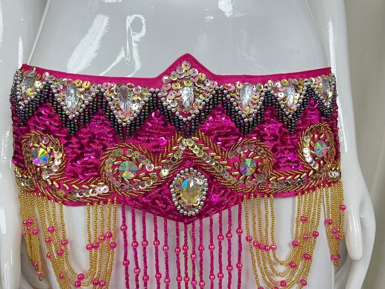 Belly Dance Costume Women's Fuchsia & Gold Beaded Halter Top & Hip Skirt with Sequins and Rhinestones