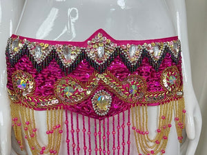 Belly Dance Costume Women's Fuchsia & Gold Beaded Halter Top & Hip Skirt with Sequins and Rhinestones