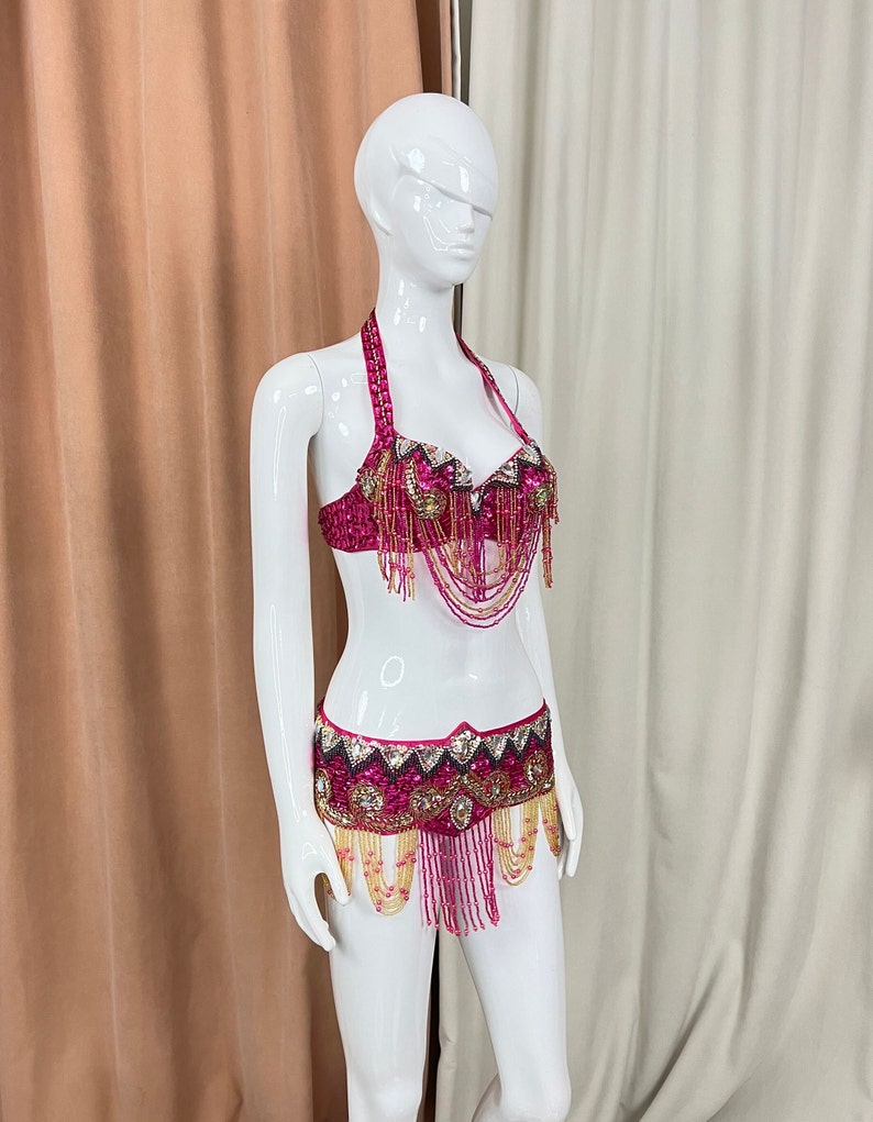 Belly Dance Costume Women's Fuchsia & Gold Beaded Halter Top & Hip Skirt with Sequins and Rhinestones