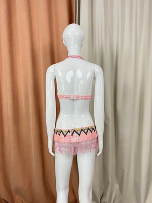 Belly Dance Costume, Women's Pink & Gold Beaded Sequin Halter Top & Hip Scarf Set, Embellished Tassel Fringe, Performance Apparel
